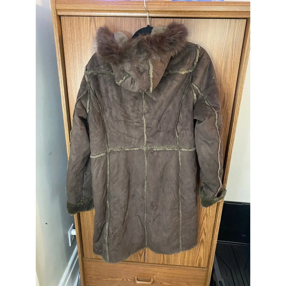 RuffHewn Faux‎ Suede Fur Trim Hooded Coat Womens Large Brown Afghan Parka